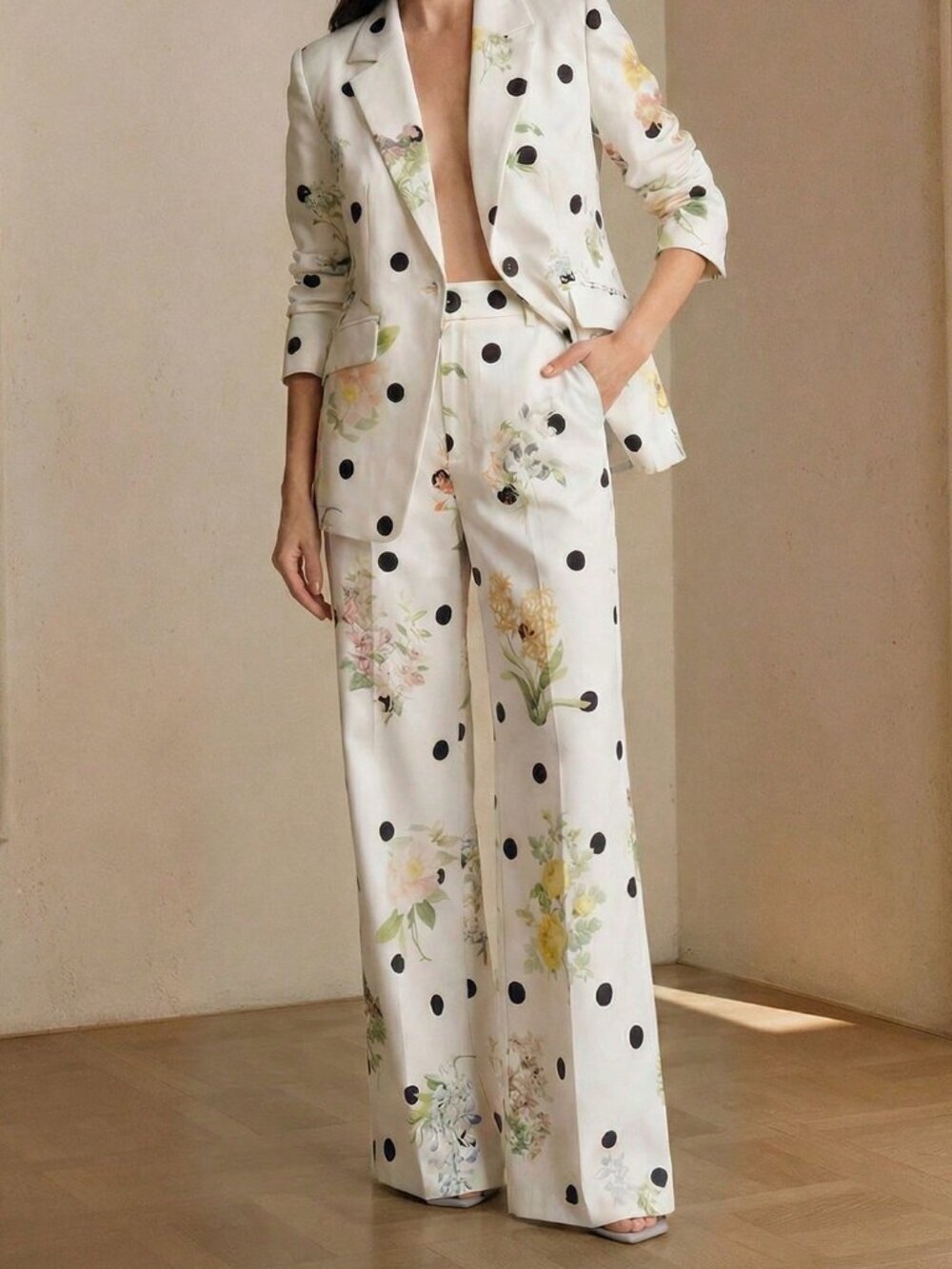 White Casual Women's Polka Dot Floral Elegant Slimming Suit Pants